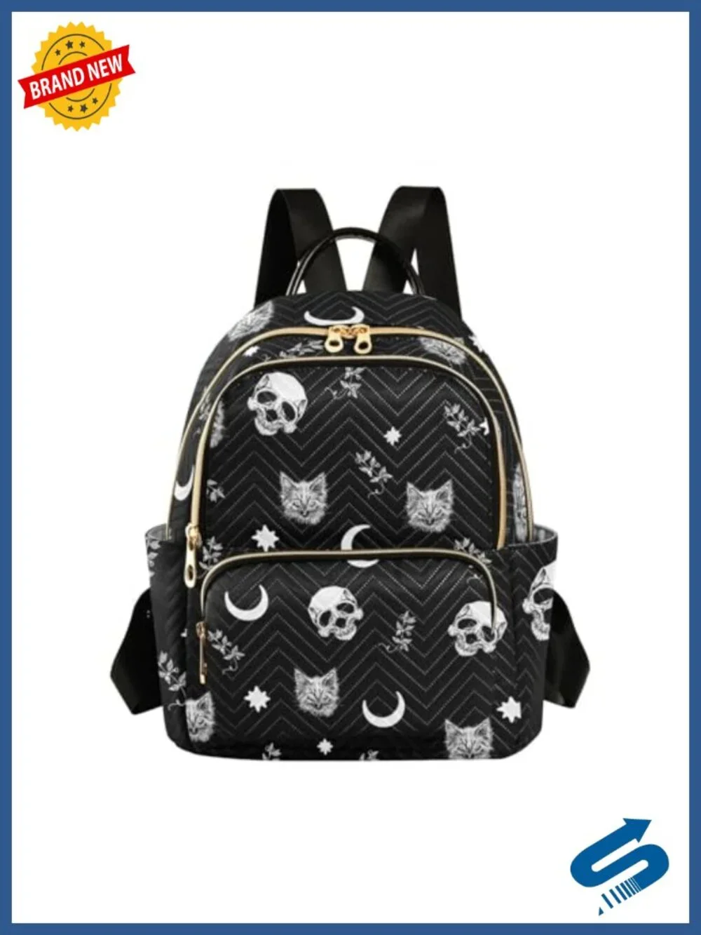 Gothic Skull Cat Moon Quilted Backpack Purse Women Travel Daypack